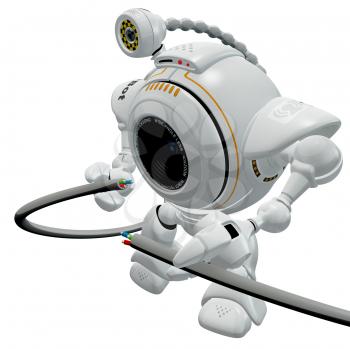 Royalty Free Clipart Image of a robot web cam holding a broken electronics cable.