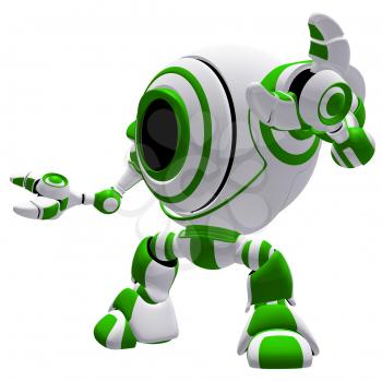 A small robot in a defensive pose, with his arms spread out, almost in awe. 