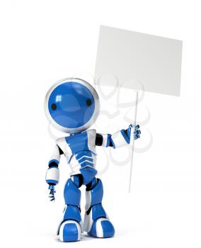 Royalty Free Clipart Image of a Blue Robot Holding a Sign