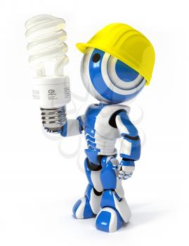 Royalty Free Clipart Image of a Robot Wearing a Hardhat and Holding a Lightbulb