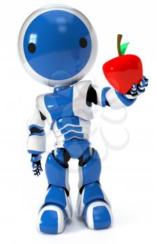 Royalty Free Clipart Image of a Blue Robot Holding an Appetizing Apple out to the Audience/Viewer.