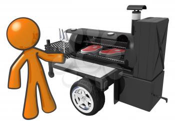 Royalty Free Clipart Image of an Orange Man Barbecuing Steaks