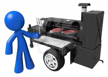 Royalty Free Clipart Image of a Blue Man Barbecuing Steaks