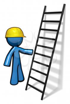 Royalty Free Clipart Image of a Blue Man Standing Beside a Ladder