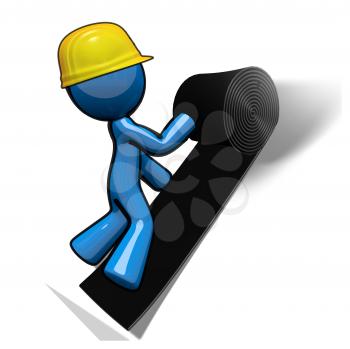 Royalty Free Clipart Image of a Blue Man Installing Roof Felt