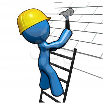 Royalty Free Clipart Image of a Blue Man Hammering a Roof
