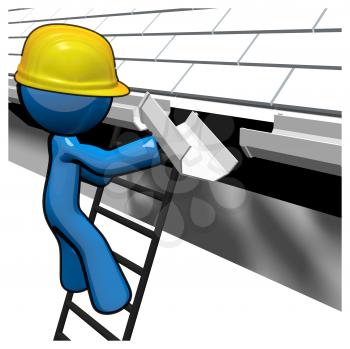 Royalty Free Clipart Image of a Blue Man Installing Rain Gutters