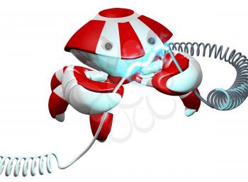 Royalty Free Clipart Image of a Robot Crab Holding a Cord with Electrical Current