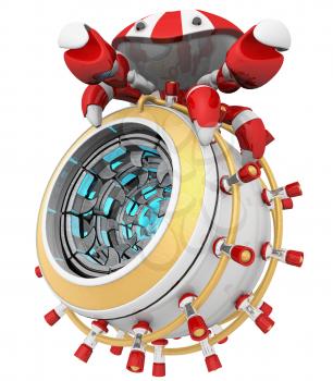 Royalty Free Clipart Image of a Robot Crab on an Incinerator Device
