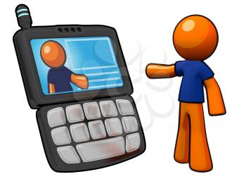 Royalty Free Clipart Image of an Orange Man on a PDA phone.