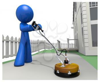 Royalty Free Clipart Image of a Blue Man Cleaning the Concrete Driveway