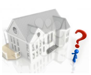 Royalty Free Clipart Image of a Blue Man Standing in Front of a House with a Question Mark Over His Head