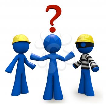 Royalty Free Clipart Image of a Blue Man Trying to Decide Between Two Contractors Where One is Dressed Like a Robber