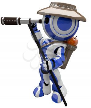 Cute blue robot hiker and explorer.