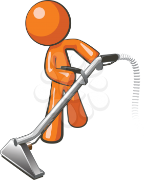 Orange man with steam cleaner carpet wand, extracting floor.