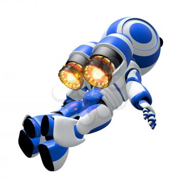 Robot rocketeer flying toward the heavens with burning ignited jets. Inspirational image of discovery.