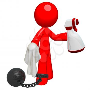 Red man holding a spray, cloth, and bound by a ball and chain. Suggests an oppressive or non-desireable job, or perhaps the chores of inmates or domestic responsibilities.