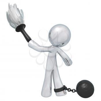 Silver man cleaning with a ball and chain. Suggests oppressive or underpaid work.
