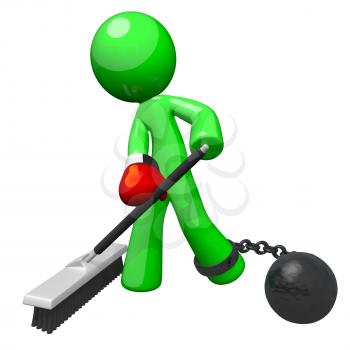 Green man with a boxing glove and ball and chain, sweeping the floor. A good concept for substandard working conditions and employee dissatisfaction.