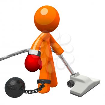 Orange man with a boxing glove and a vacuum cleaner, held by a ball and chain. Oppressive work for him no doubt! Denotes substandard workplace situations and employee frustration.