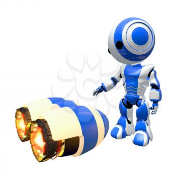 Blue robot inspecting rocket engines for possible use.