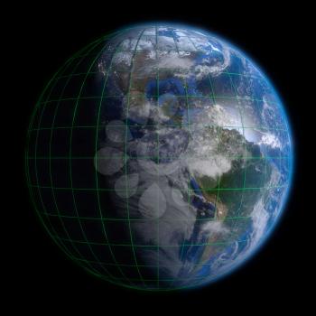 Earth Globe Americas - Clouds and Lines. 3d Render using NASA texture maps.