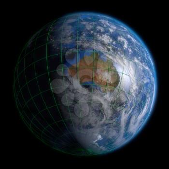 Earth Globe Australia - Clouds and Lines. 3d Render using NASA texture maps.