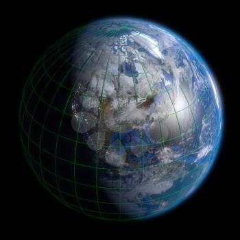 Earth Globe North America - Clouds and Lines. 3d Render using NASA texture maps.