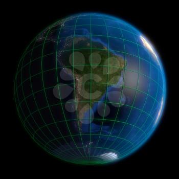 Earth Globe South America-  Latitude and Longitude. 3d Render using NASA texture maps.