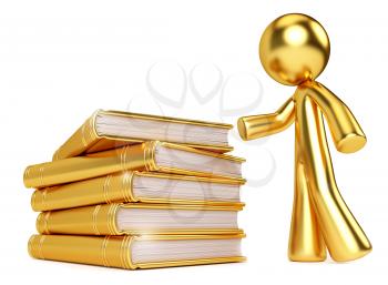 Gold guy buy golden stack of books. Illustration to show value of knowledge and wisdom, and searching for it. Can also be an school education and college concept.