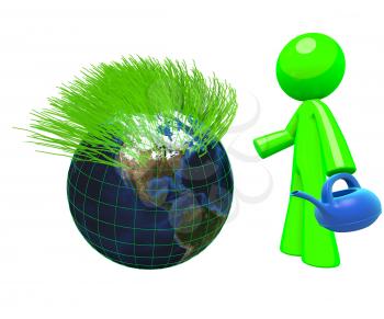 3d Green man watering the earth, and grass is growing from it - a concept in green earth conservation, sustaining, and development.