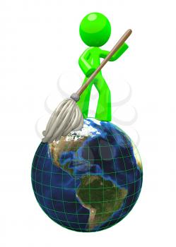 3d concept of a green man mopping the globe, an idea of green earth conservation, cleaning, sanitization, and natural redevelopment. This is a star concept which can stand for anything from janitorial