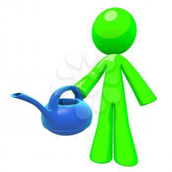 Green man holding a blue plastic watering can, a nice modern concept in greener earth, conservation and natural sciences. Gardening and maintenance related professional concept.