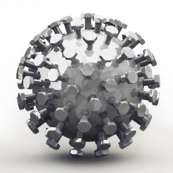 Abstract object of bolts on zinc plated sphere. Nice mechanical concept for any metalworking and engineering subject.