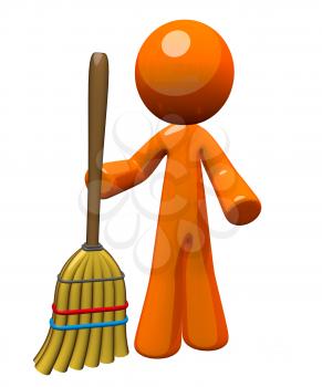 Orange Man holding a broom sweeping up, ready to clean or finished cleaning. Janitorial and groundskeeping image - also a symbol of work and chores expected of everyone.