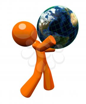 3d orange man carrying a globe, a concept in responsability toward the earth.