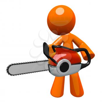 3d Orange man holding chainsaw, ready to cut. Chain saw was fun to model - fairly accurate but simple and stylized enough for the orange man.