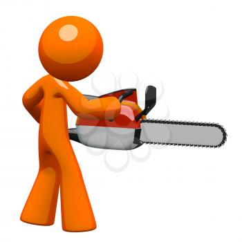3d Orange Man holding a chain saw, viewed from back.