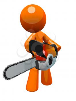 3d Orange Man Holding a chain saw. Chain saw is styled and simple, but also with enough details to look pretty cool. Great grounds keeping, maintenance, and woodsman image.