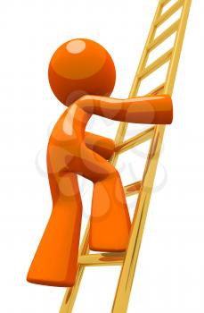 Dramatic pose of an orange man climbing the corporate ladder. The ladder is made out of gold to represent golden opportunities or valuable positions, and the rise to success.
