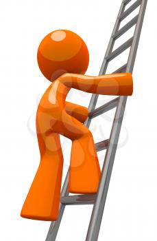 Orange man worker climbing an industrial ladder. Perhaps he is a painter, contractor, worker, or business owner.