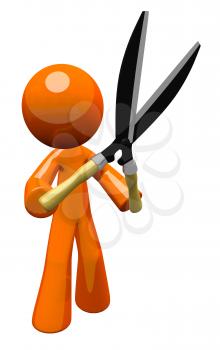 3d Orange Man holding hedge trimmers or hedge clippers, ready to work.