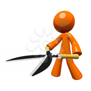 3d orange man holding hedge trimmers or hedge clippers, concept, oversized tool.