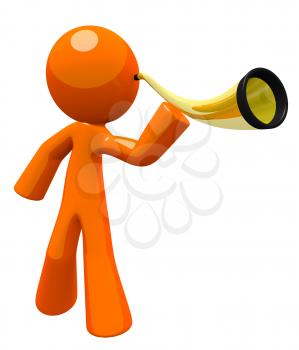 Orange man hard of hearing or deaf, using an ear trumpet to listen to something. Nice image for representing disabilities or just tuning in and listening better. 