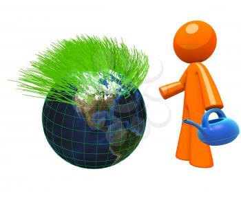 3d Orange Man with a plastic blue watering can, standing beside a globe with grass shooting from the top of it. A nice concept in earth care, green earth, conservation, and maintenance as well as gard