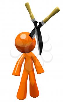 3d orange man injury law concept. Giant hedge clippers are stuck in his head. Should have been wearing a hard hat... Who gets to pay for the injury? Its a point of law! Well, its an image of law. Use 