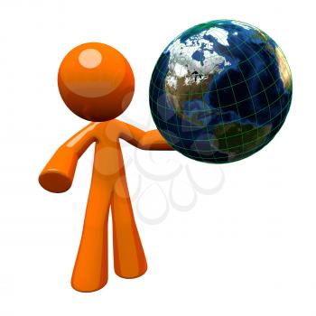 3d orange man holding a globe, or the earth. Earth is detailed when you look up close. This illustration is as good zoomed in as it is zoomed out.