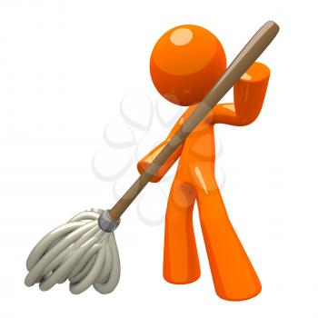 Orange Man with 3d Mop, mopping the floor, cleaning services illustration.