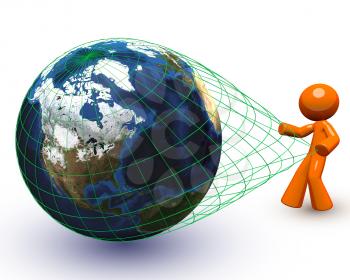 3d Orange Man pulling a giant globe - a general and vague concept open to interpretation. 