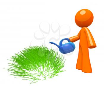 3d Orange Man watering grass, simple minimalistic concept in gardening and maintenance.